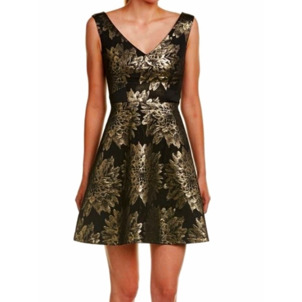 Karen Millen Black and Gold Brocade Skater Dress UK‎ Size 12 /US 8